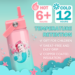 Mermaid Water Bottle for Girls - Kids Water Bottle with Straw Lid - 12 Oz Insulated Stainless Steel Water Bottles for Toddlers Kid - Travel Cup for School Sports