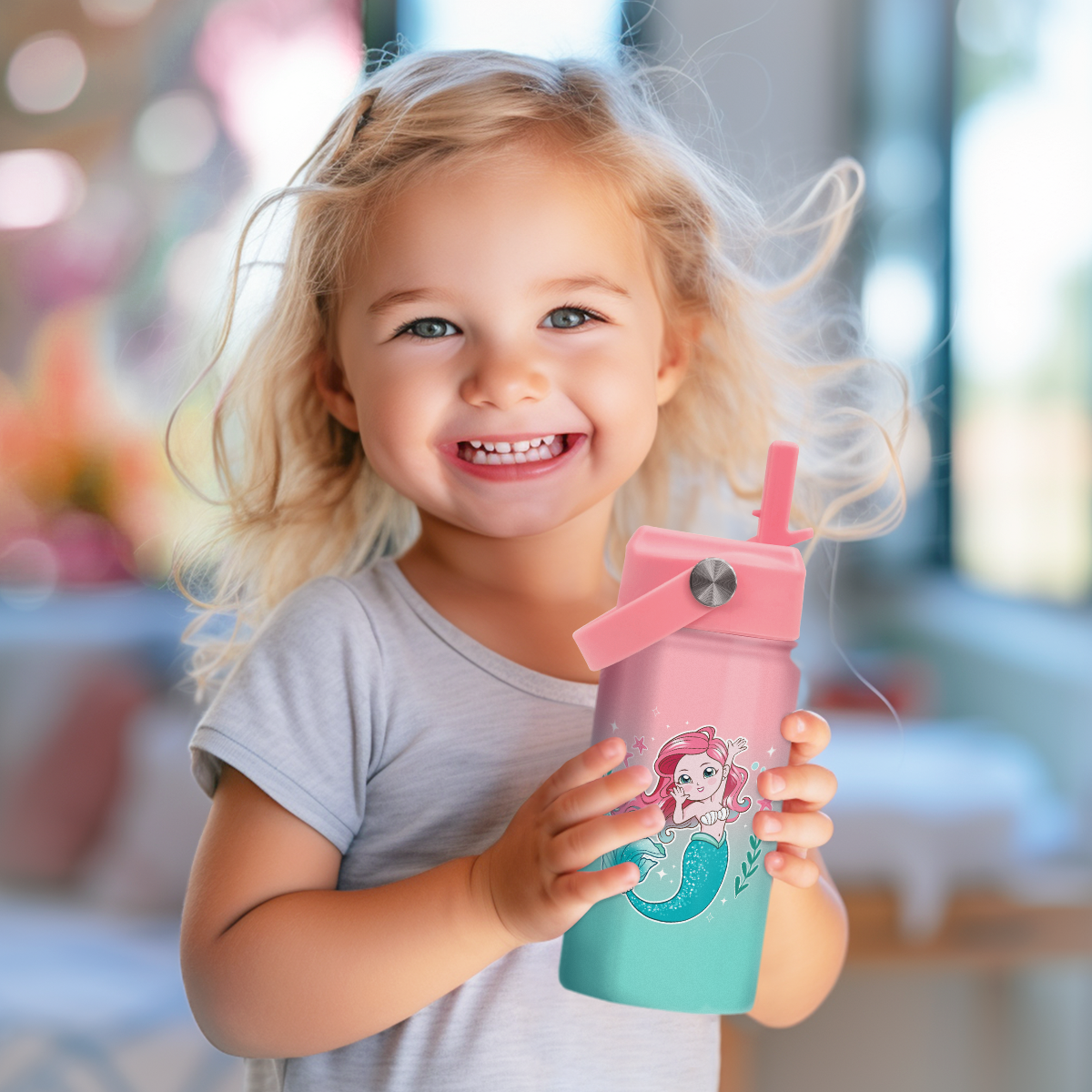 Mermaid Water Bottle for Girls - Kids Water Bottle with Straw Lid - 12 Oz Insulated Stainless Steel Water Bottles for Toddlers Kid - Travel Cup for School Sports