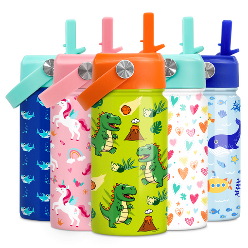 Dinosaur Water Bottle - Kids Water Bottle with Straw Lid - 12 Oz Insulated Stainless Steel T-Rex Water Bottles for Toddlers Kid Boys - Travel Cup for School Sports