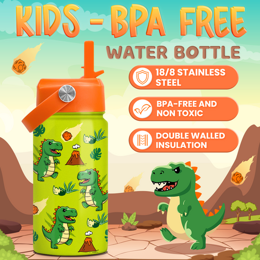 Dinosaur Water Bottle - Kids Water Bottle with Straw Lid - 12 Oz Insulated Stainless Steel T-Rex Water Bottles for Toddlers Kid Boys - Travel Cup for School Sports