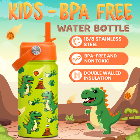 Green Dinosaur SipKid | Kids Stainless Steel Straw Lid Water Bottle 12oz