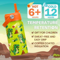 Dinosaur Water Bottle - Kids Water Bottle with Straw Lid - 12 Oz Insulated Stainless Steel T-Rex Water Bottles for Toddlers Kid Boys - Travel Cup for School Sports