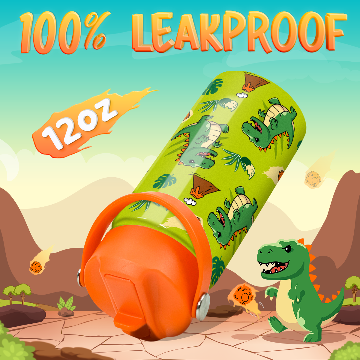 Dinosaur Water Bottle - Kids Water Bottle with Straw Lid - 12 Oz Insulated Stainless Steel T-Rex Water Bottles for Toddlers Kid Boys - Travel Cup for School Sports