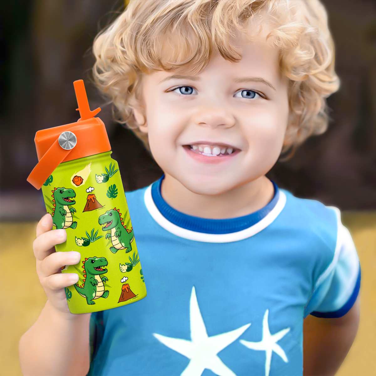 Dinosaur Water Bottle - Kids Water Bottle with Straw Lid - 12 Oz Insulated Stainless Steel T-Rex Water Bottles for Toddlers Kid Boys - Travel Cup for School Sports