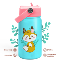 Fox Water Bottle - Kids Water Bottle with Straw Lid - 12 Oz Insulated Stainless Steel Water Bottles for Toddlers Kid Girl - Travel Cup for School Sports