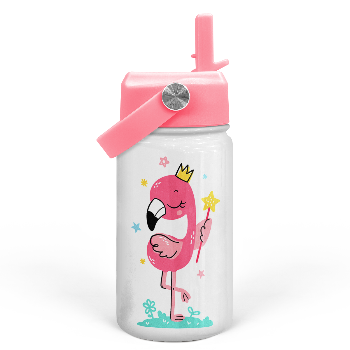 White Flamingo SipKid | Kids Stainless Steel Straw Lid Water Bottle 12oz