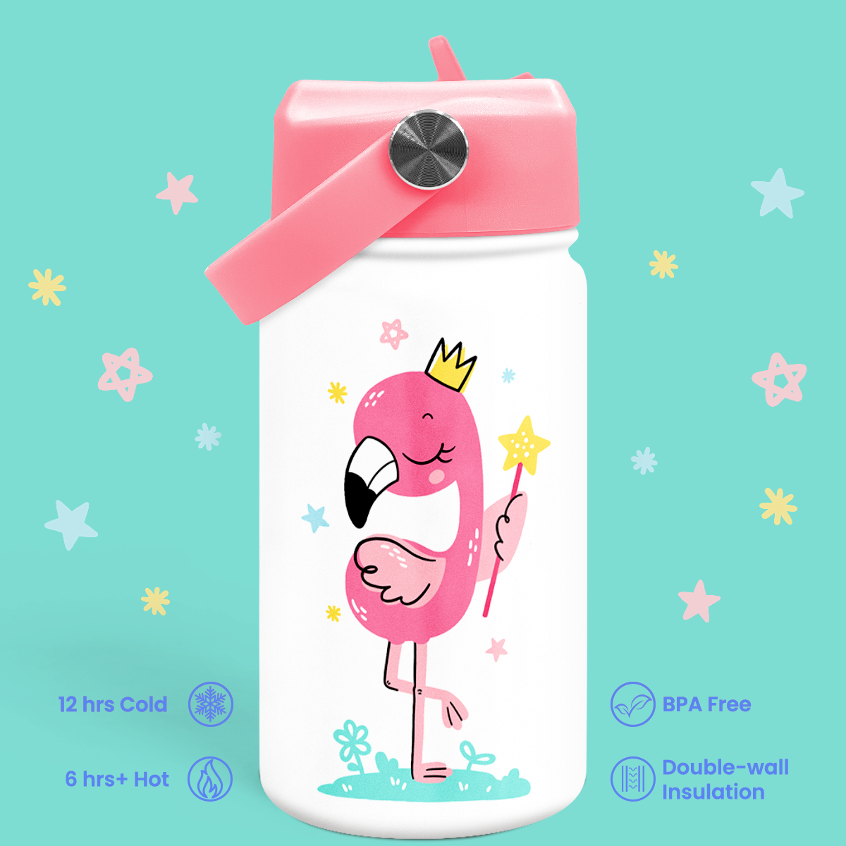 White Flamingo SipKid | Kids Stainless Steel Straw Lid Water Bottle 12oz