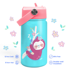 Sloth Water Bottle - Kids Water Bottle with Straw Lid - 12 Oz Insulated Stainless Steel Water Bottles for Toddlers Kid Girls - Travel Cup for School Sports