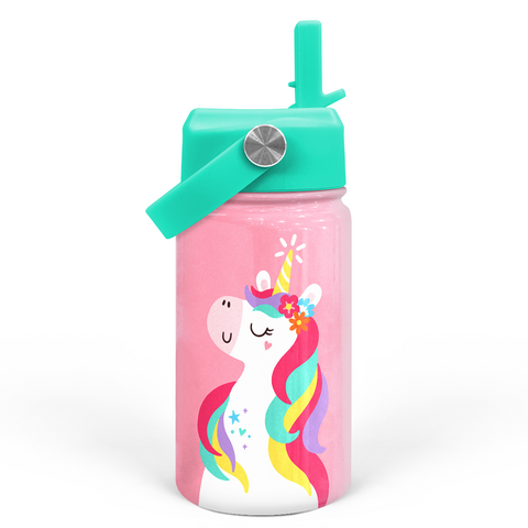 Pink Unicorn SipKid | Kids Stainless Steel Straw Lid Water Bottle 12oz