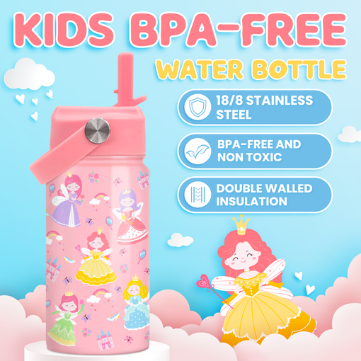 Princess Water Bottle for Girls - Kids Water Bottle with Straw Lid - 12 Oz Insulated Stainless Steel Water Bottles for Toddlers Kid - Travel Cup for School Sports