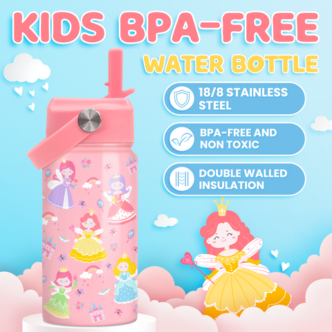 Pink Princess SipKid | Kids Stainless Steel Straw Lid Water Bottle 12oz