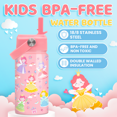 Princess Water Bottle for Girls - Kids Water Bottle with Straw Lid - 12 Oz Insulated Stainless Steel Water Bottles for Toddlers Kid - Travel Cup for School Sports