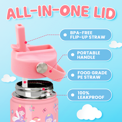 Princess Water Bottle for Girls - Kids Water Bottle with Straw Lid - 12 Oz Insulated Stainless Steel Water Bottles for Toddlers Kid - Travel Cup for School Sports