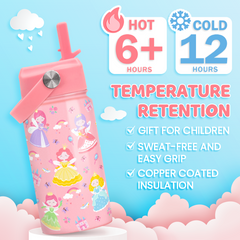 Princess Water Bottle for Girls - Kids Water Bottle with Straw Lid - 12 Oz Insulated Stainless Steel Water Bottles for Toddlers Kid - Travel Cup for School Sports
