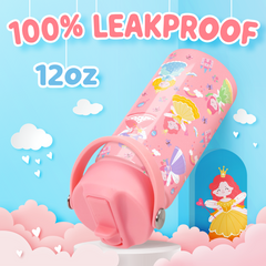 Pink Princess SipKid | Kids Stainless Steel Straw Lid Water Bottle 12oz