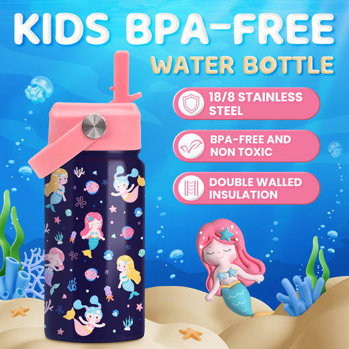 Mermaid Water Bottle for Girls - Kids Water Bottle with Straw Lid - 12 Oz Insulated Stainless Steel Water Bottles for Toddlers Kid Girl- Travel Cup for School Sports