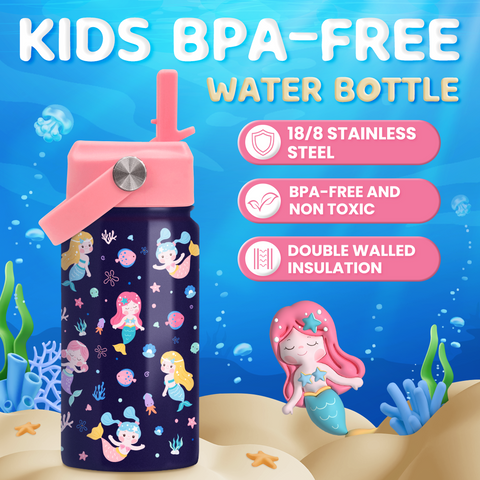 Navy Mermaid SipKid | Kids Stainless Steel Straw Lid Water Bottle 12oz