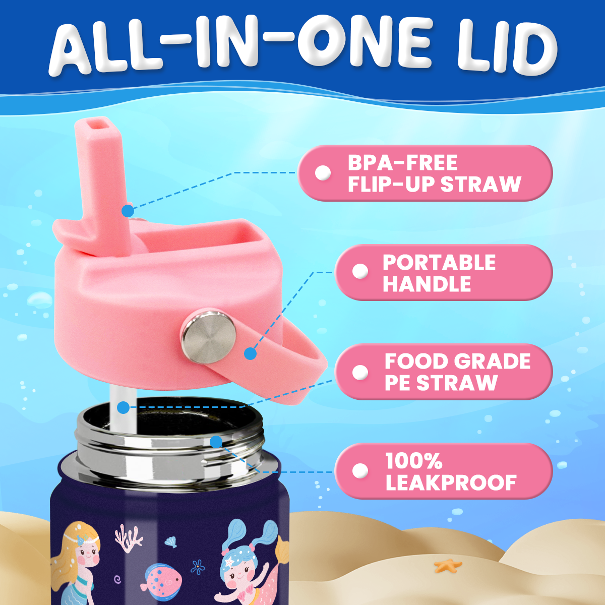Navy Mermaid SipKid | Kids Stainless Steel Straw Lid Water Bottle 12oz