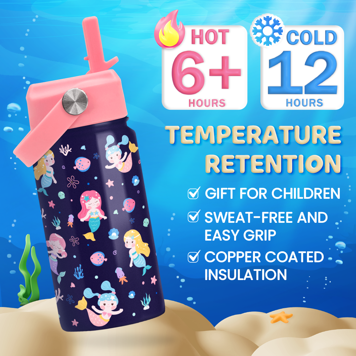 Navy Mermaid SipKid | Kids Stainless Steel Straw Lid Water Bottle 12oz