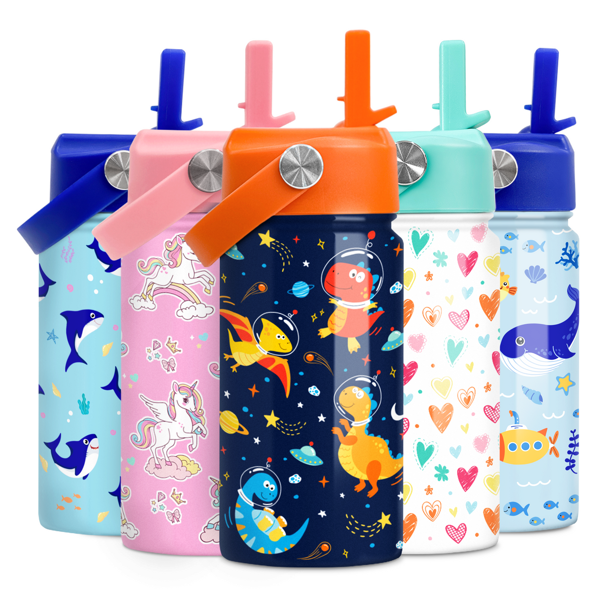 A collection of insulated stainless steel water bottles with colorful dinosaur and other animal patterns, each with a straw lid.