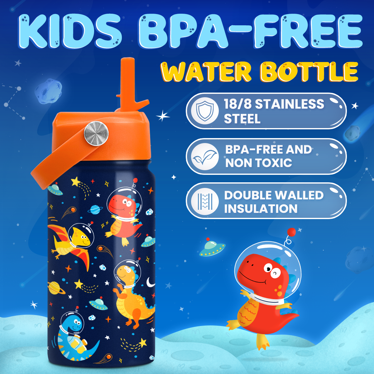 Dark Blue Dinosaur SipKid | Kids Stainless Steel Straw Lid Water Bottle 12oz