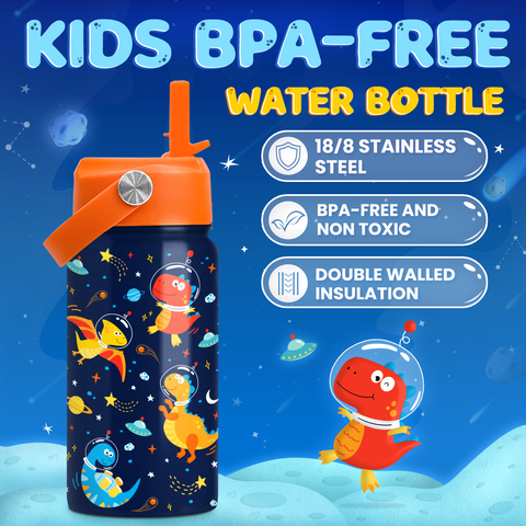 Dark Blue Dinosaur SipKid | Kids Stainless Steel Straw Lid Water Bottle 12oz