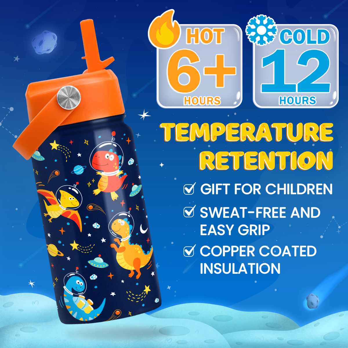 Dark Blue Dinosaur SipKid | Kids Stainless Steel Straw Lid Water Bottle 12oz