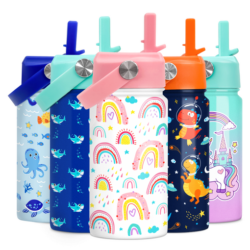 Rainbow Water Bottle - Kids Water Bottle with Straw Lid - 12 Oz Insulated Stainless Steel Water Bottles for Toddlers Kid Girl - Travel Cup for School Sports