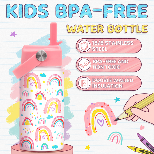 Rainbow Water Bottle - Kids Water Bottle with Straw Lid - 12 Oz Insulated Stainless Steel Water Bottles for Toddlers Kid Girl - Travel Cup for School Sports