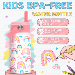 Rainbow Water Bottle - Kids Water Bottle with Straw Lid - 12 Oz Insulated Stainless Steel Water Bottles for Toddlers Kid Girl - Travel Cup for School Sports