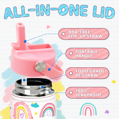 Rainbow Water Bottle - Kids Water Bottle with Straw Lid - 12 Oz Insulated Stainless Steel Water Bottles for Toddlers Kid Girl - Travel Cup for School Sports
