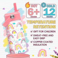 Rainbow Water Bottle - Kids Water Bottle with Straw Lid - 12 Oz Insulated Stainless Steel Water Bottles for Toddlers Kid Girl - Travel Cup for School Sports