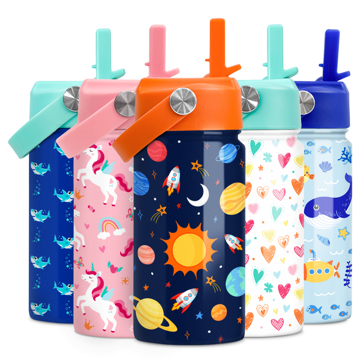 A collection of stainless steel water bottles with colorful space-themed designs, featuring planets, stars, and astronauts.