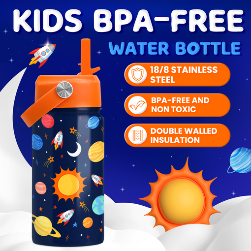 Space Water Bottle - Kids Water Bottle with Straw Lid - 12 Oz Insulated Stainless Steel Water Bottles for Toddlers Kid Boys Girls - Travel Cup for School Sports