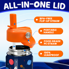 Space Water Bottle - Kids Water Bottle with Straw Lid - 12 Oz Insulated Stainless Steel Water Bottles for Toddlers Kid Boys Girls - Travel Cup for School Sports