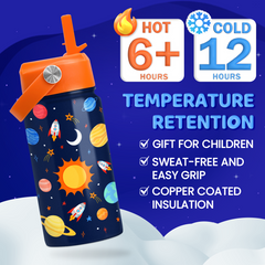 Space Water Bottle - Kids Water Bottle with Straw Lid - 12 Oz Insulated Stainless Steel Water Bottles for Toddlers Kid Boys Girls - Travel Cup for School Sports