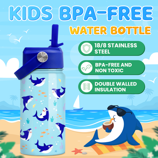 Shark Water Bottle - Kids Water Bottle with Straw Lid - 12 Oz Insulated Stainless Steel Water Bottles for Toddlers Kid Boy - Travel Cup for School Sports