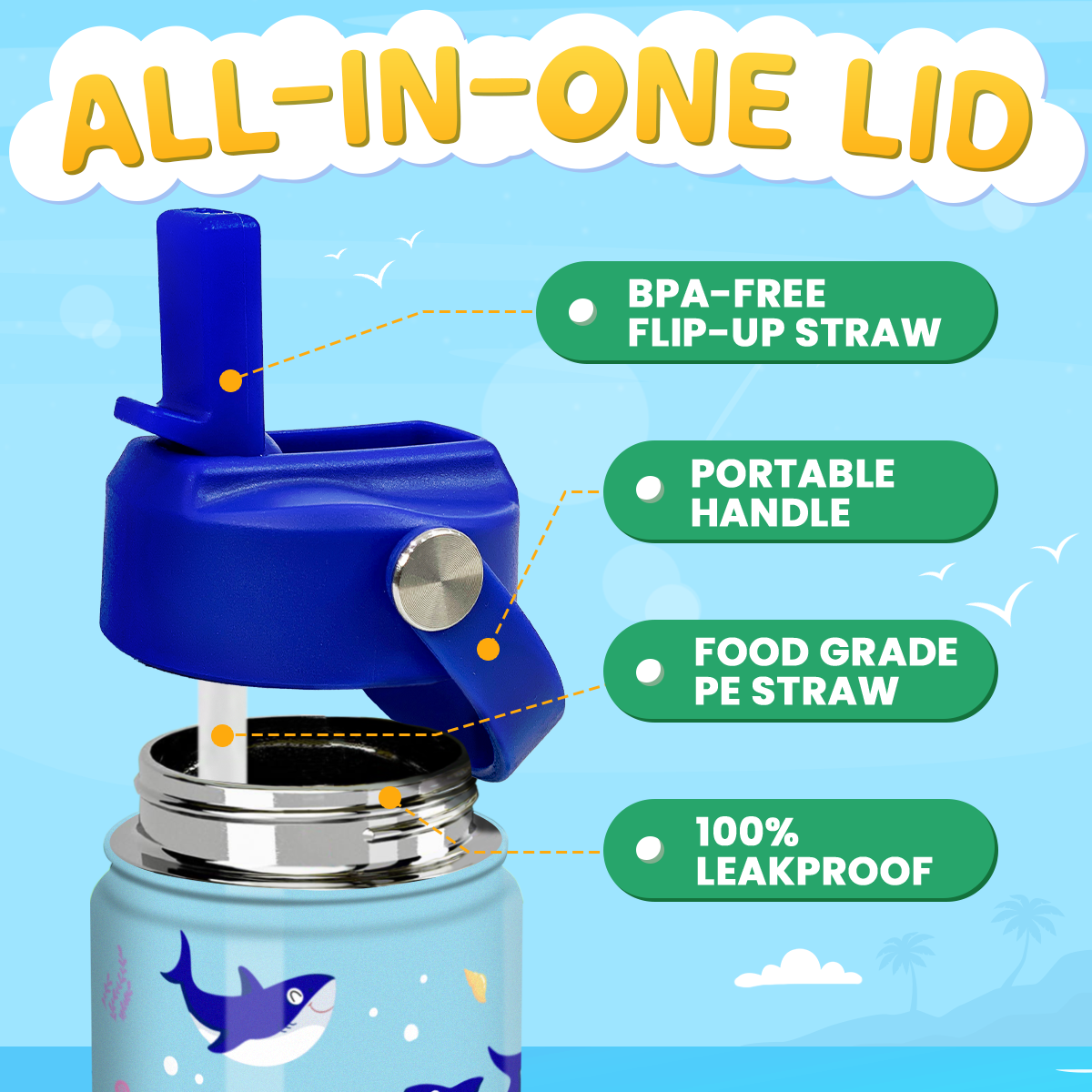 Blue Shark SipKid | Kids Stainless Steel Straw Lid Water Bottle 12oz
