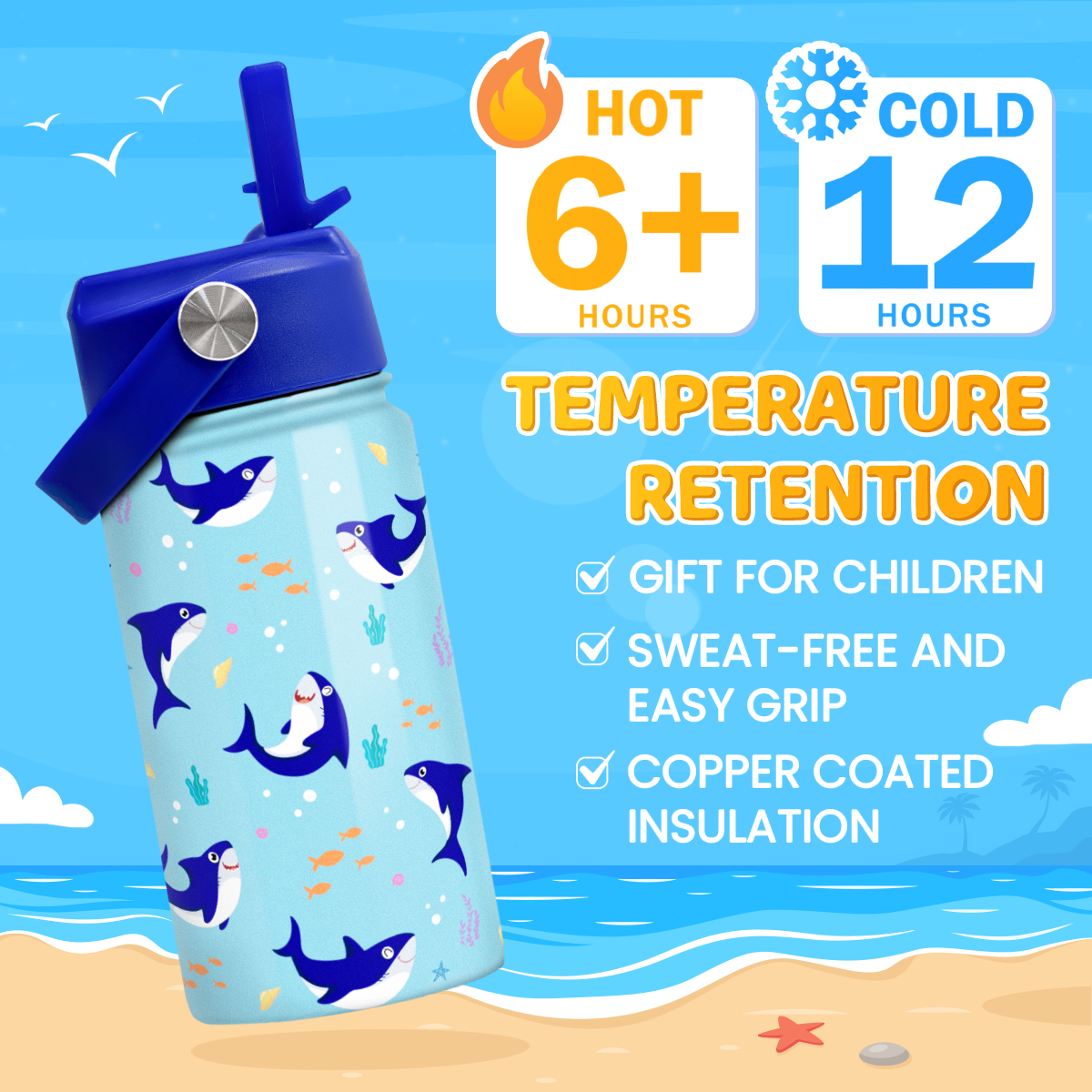 Blue Shark SipKid | Kids Stainless Steel Straw Lid Water Bottle 12oz