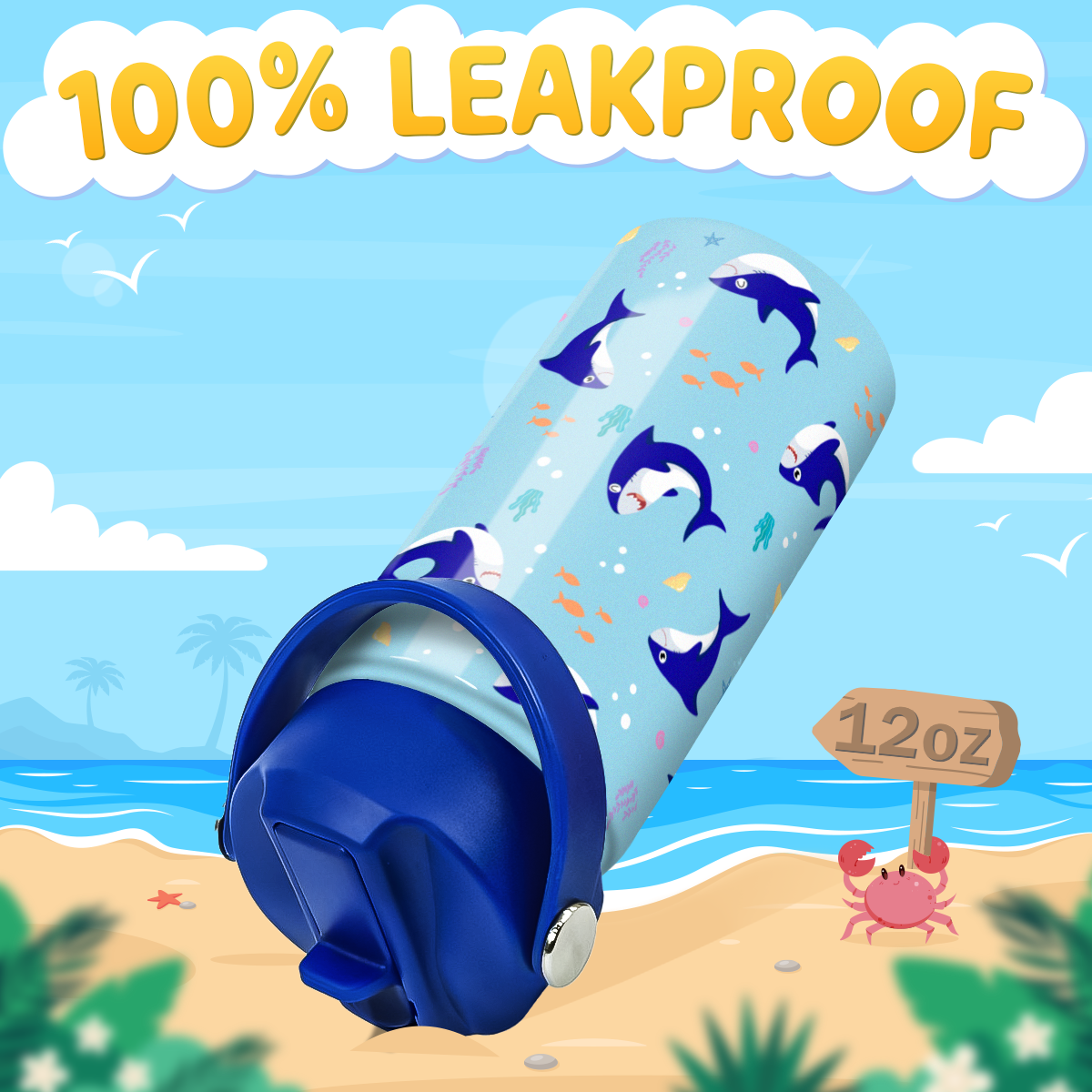 Blue Shark SipKid | Kids Stainless Steel Straw Lid Water Bottle 12oz