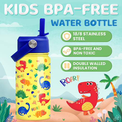 Dinosaur Water Bottle for Boys - Kids Water Bottle with Straw Lid - 12 Oz Insulated Stainless Steel Water Bottles for Toddlers Kid Boy - Travel Cup for School Sports