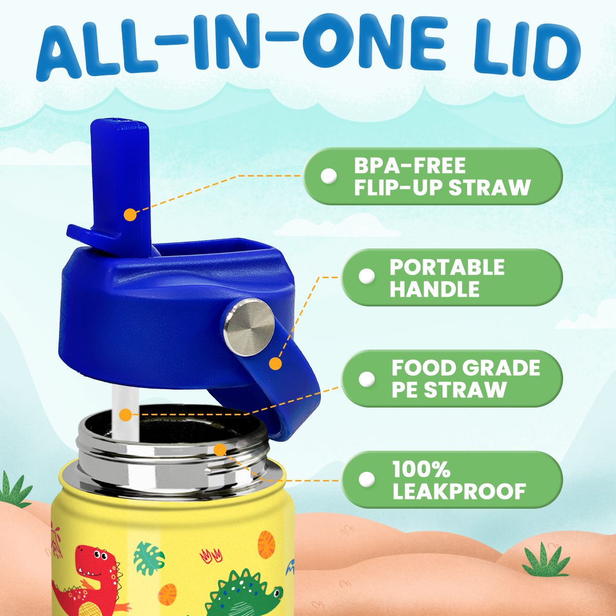 Yellow Dinosaur SipKid | Kids Stainless Steel Straw Lid Water Bottle 12oz