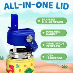 Dinosaur Water Bottle for Boys - Kids Water Bottle with Straw Lid - 12 Oz Insulated Stainless Steel Water Bottles for Toddlers Kid Boy - Travel Cup for School Sports