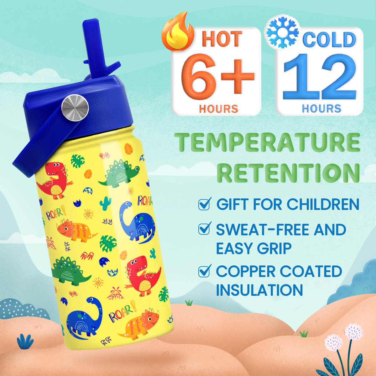 Yellow Dinosaur SipKid | Kids Stainless Steel Straw Lid Water Bottle 12oz