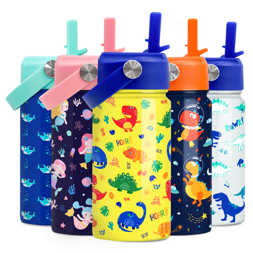 Dinosaur Water Bottle for Boys - Kids Water Bottle with Straw Lid - 12 Oz Insulated Stainless Steel Water Bottles for Toddlers Kid Boy - Travel Cup for School Sports