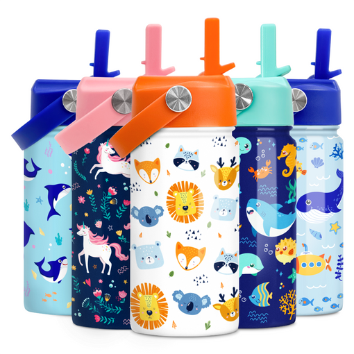 Kids Water Bottle with Straw Lid - 12 Oz Insulated Stainless Steel Animal Water Bottles for Toddlers Kid Boys Girls - Travel Cup for School Sports