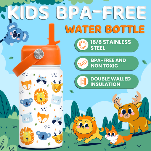 Kids Water Bottle with Straw Lid - 12 Oz Insulated Stainless Steel Animal Water Bottles for Toddlers Kid Boys Girls - Travel Cup for School Sports