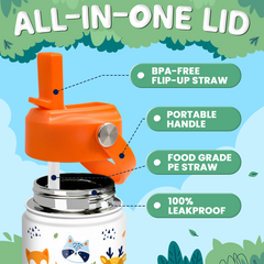 Kids Water Bottle with Straw Lid - 12 Oz Insulated Stainless Steel Animal Water Bottles for Toddlers Kid Boys Girls - Travel Cup for School Sports