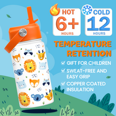 Kids Water Bottle with Straw Lid - 12 Oz Insulated Stainless Steel Animal Water Bottles for Toddlers Kid Boys Girls - Travel Cup for School Sports