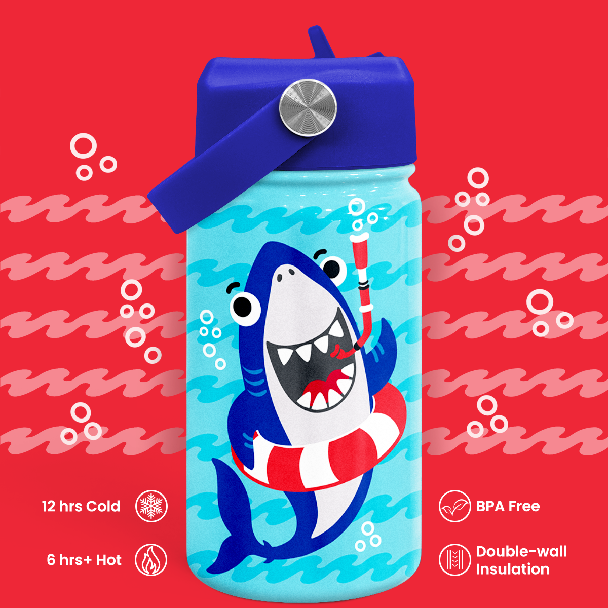 Blue Shark SipKid | Kids Stainless Steel Straw Lid Water Bottle 12oz
